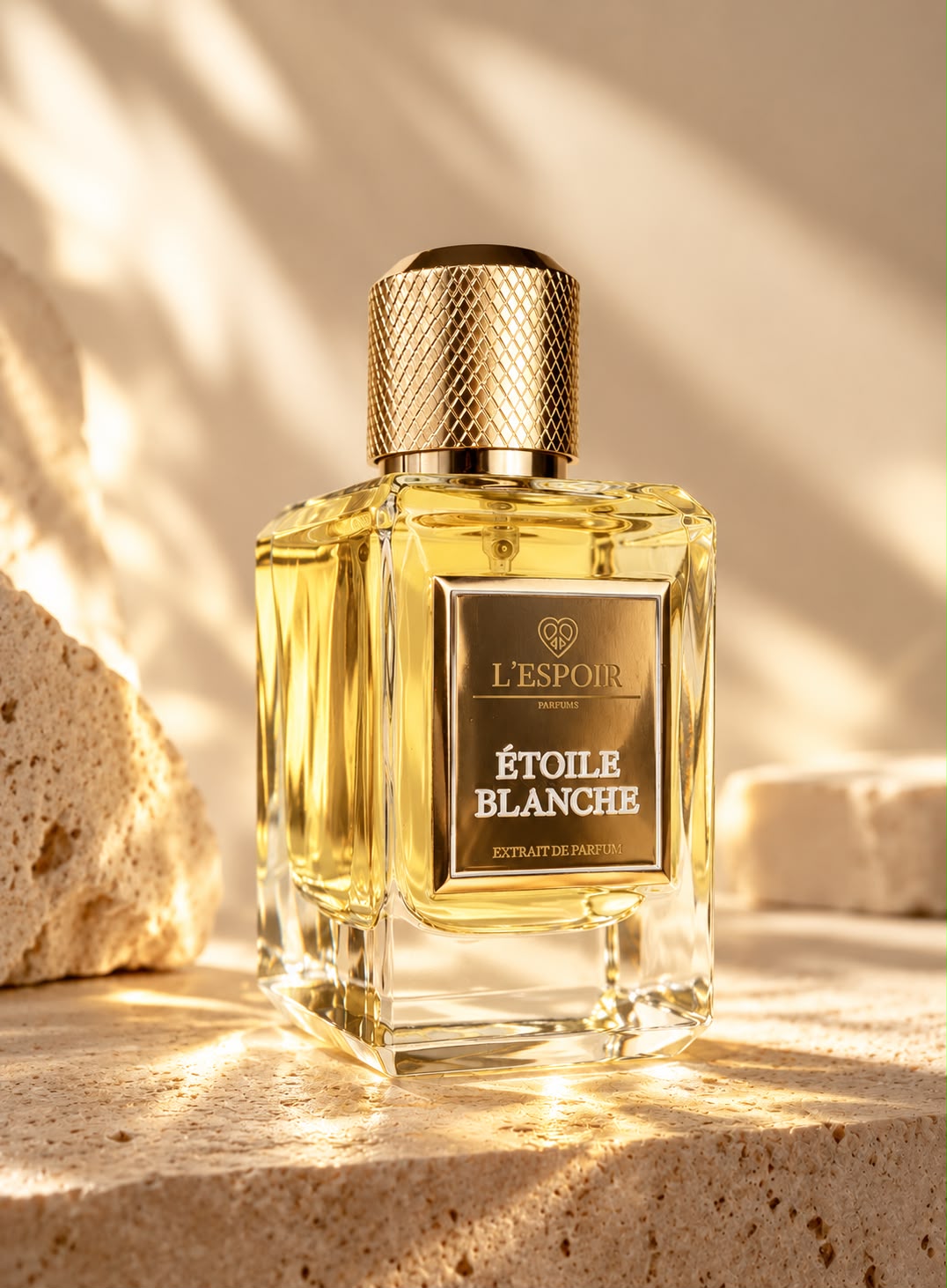 Étoile Blanche Extrait de Parfum op travertijn in zonlicht