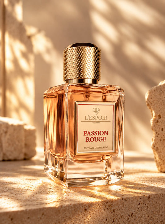 Passion Rouge Extrait de Parfum op travertijn in zonlicht